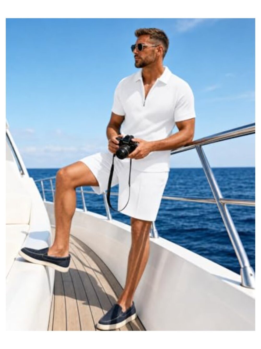 Men's 2-Piece Quarter-Zip Polo and Shorts Set, Polyester Summer Outfit - Picture 5 of 6